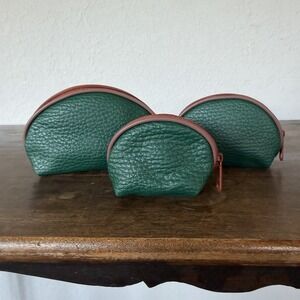 Vintage Leatherette 3 Make Up Nesting Faux Leather Pebble Bags Green & Brown